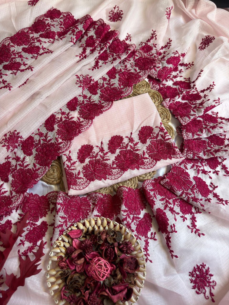 Premium Pure Soft Kota Doriya Saree with Tone-on-Tone Multithread Lotus Work & Cutwork Detailing – Matching Blouse Included