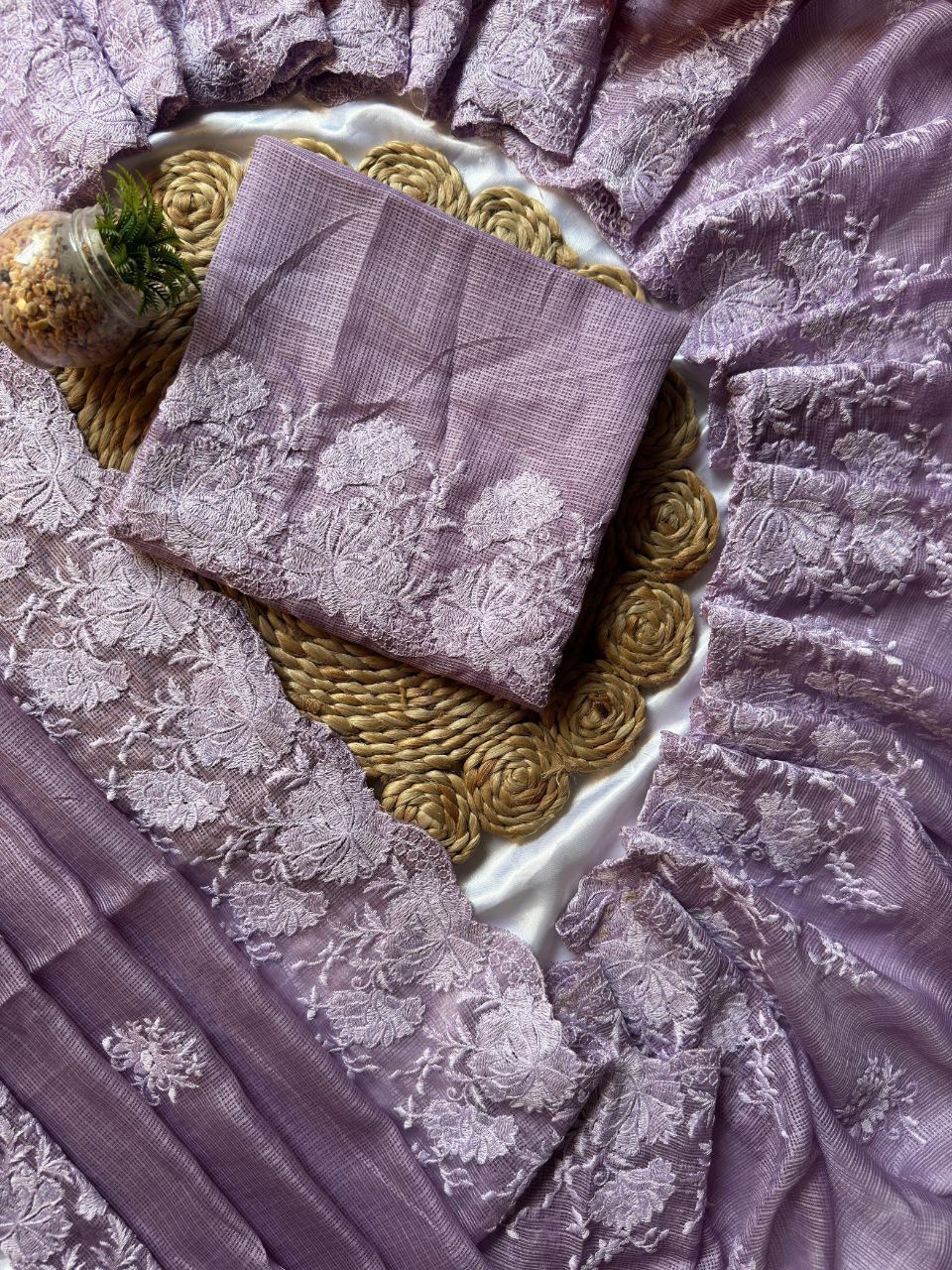 Premium Pure Soft Kota Doriya Saree with Tone-on-Tone Multithread Lotus Work & Cutwork Detailing – Matching Blouse Included