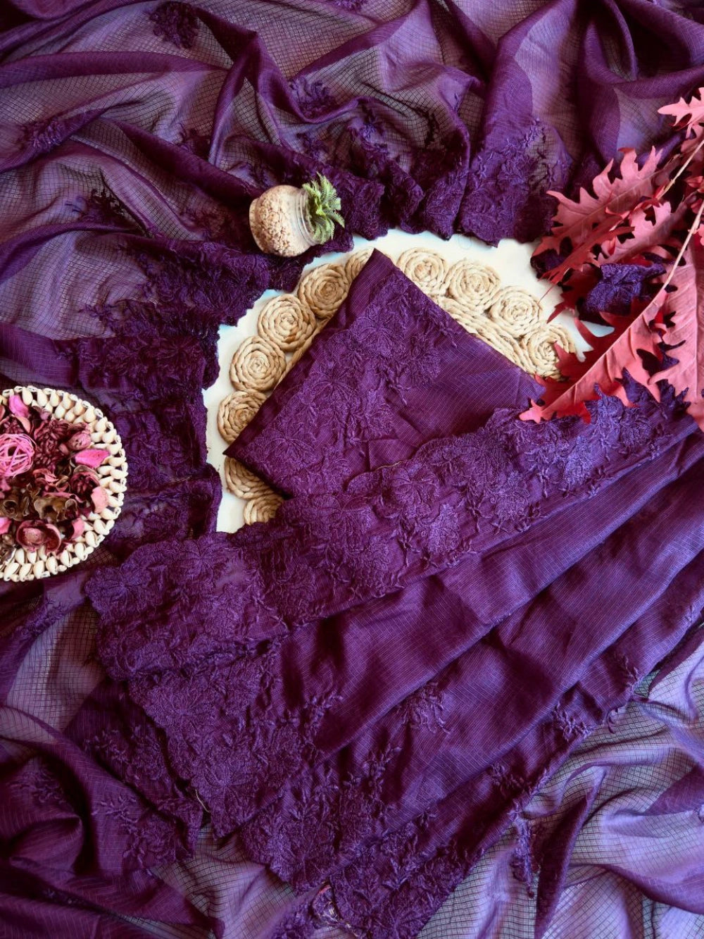 Premium Soft Kota Doriya Saree with Tone-on-Tone Multithread Embroidery & Cutwork – Matching Butti Work Blouse Included