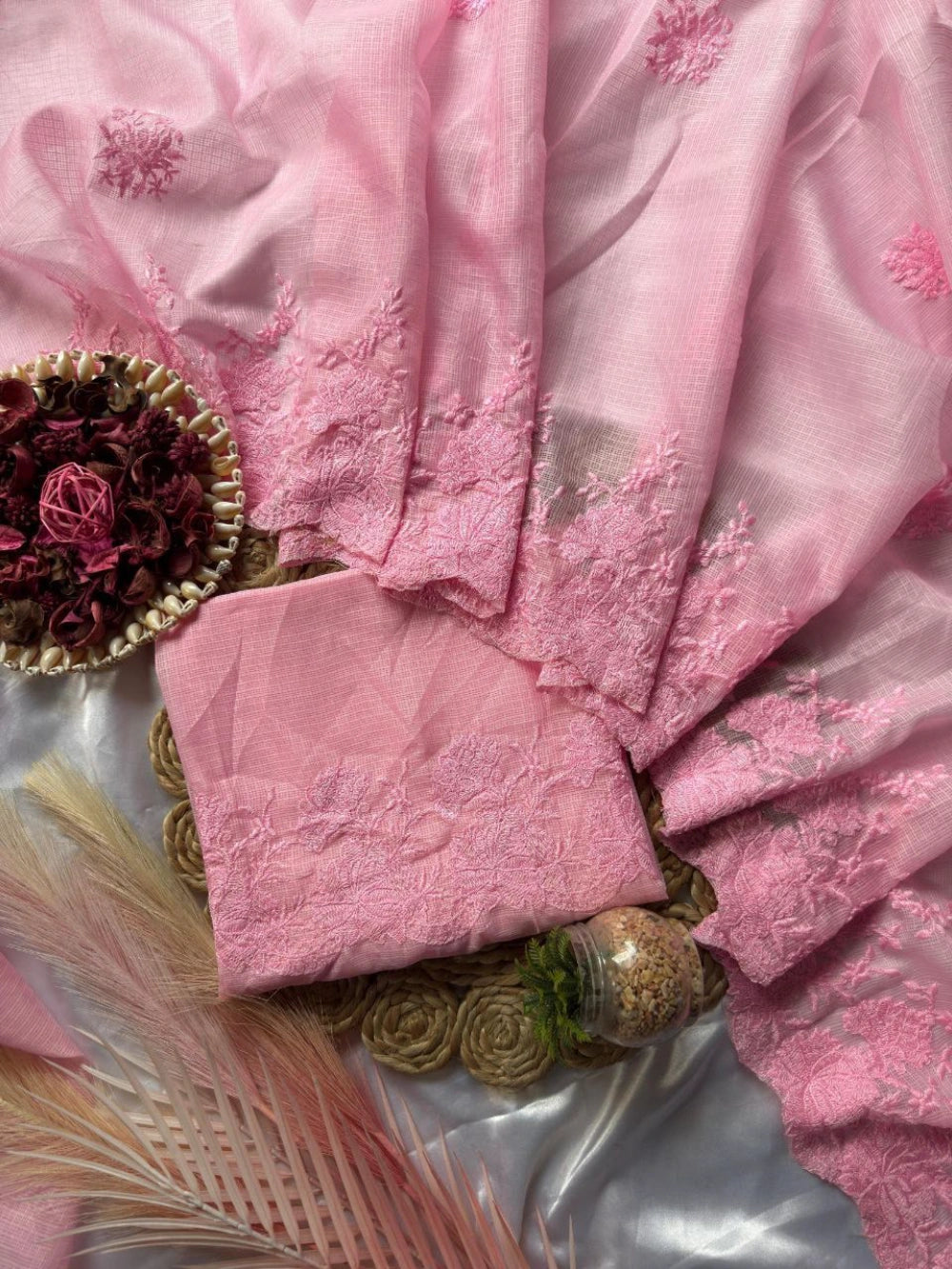 Premium Soft Kota Doriya Saree with Tone-on-Tone Multithread Embroidery & Cutwork – Matching Butti Work Blouse Included