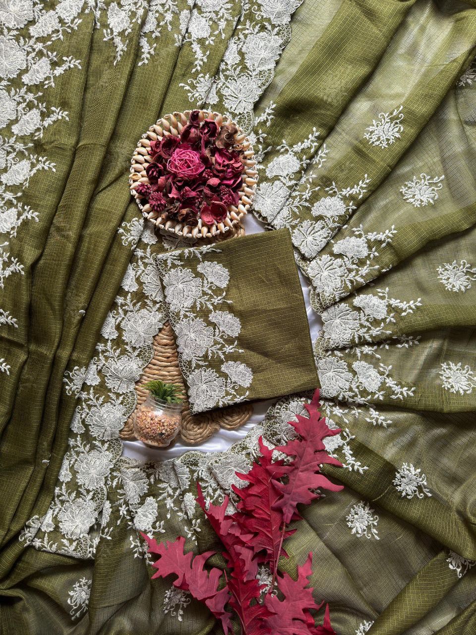 Premium Pure Soft Kota Doriya Saree with Tone-on-Tone Multithread Lotus Work & Cutwork Detailing – Matching Blouse Included