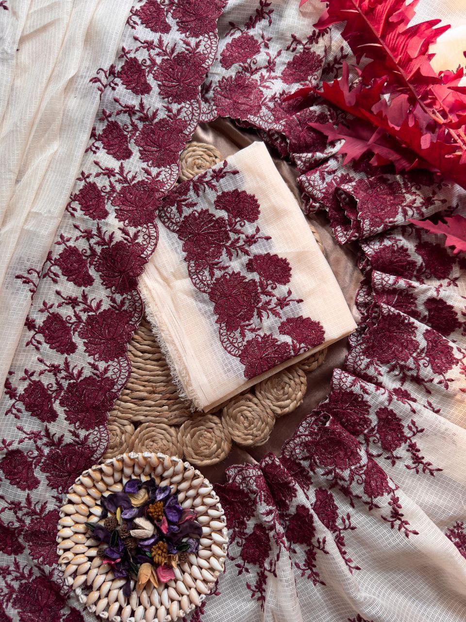 Premium Pure Soft Kota Doriya Saree with Tone-on-Tone Multithread Lotus Work & Cutwork Detailing – Matching Blouse Included