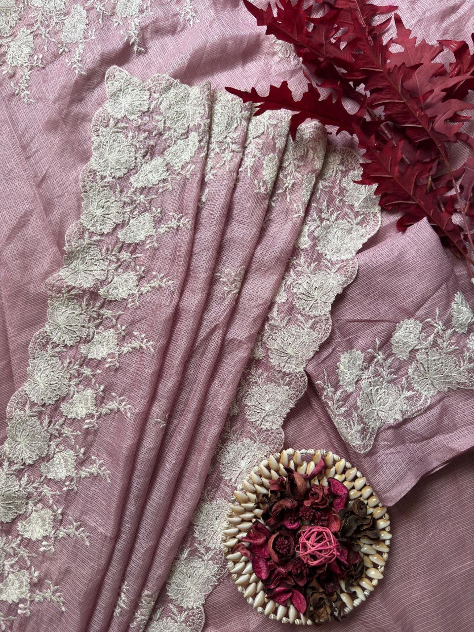 Premium Pure Soft Kota Doriya Saree with Tone-on-Tone Multithread Lotus Work & Cutwork Detailing – Matching Blouse Included