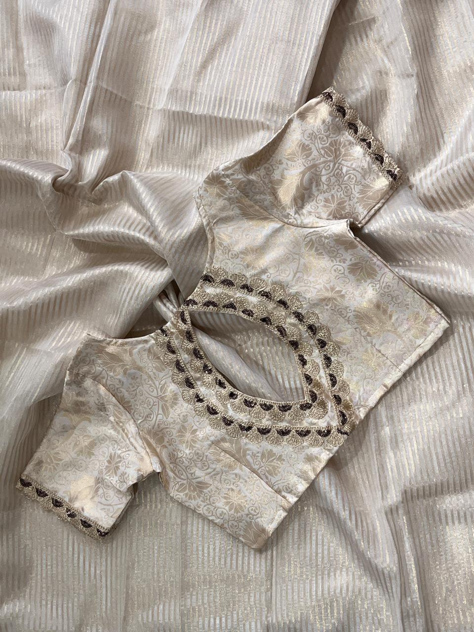 Banarasi Kora Organza Saree with All-Over Weaving Stripes, Scalloped Embroidery & Sequin Lace – Designer Jacquard Blouse Included