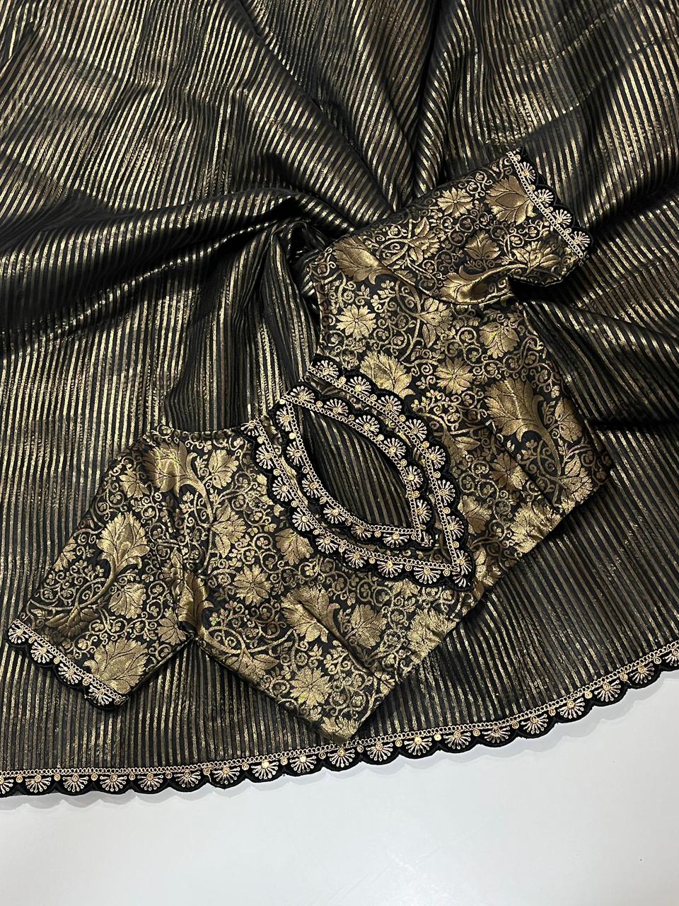 Banarasi Kora Organza Saree with All-Over Weaving Stripes, Scalloped Embroidery & Sequin Lace – Designer Jacquard Blouse Included