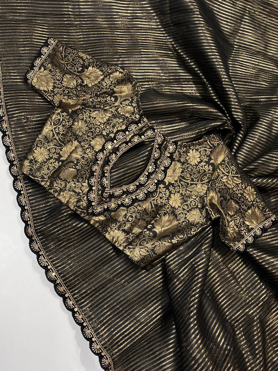 Banarasi Kora Organza Saree with All-Over Weaving Stripes, Scalloped Embroidery & Sequin Lace – Designer Jacquard Blouse Included