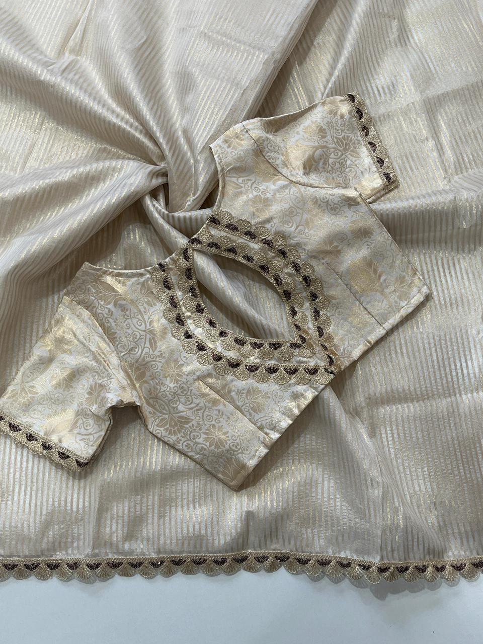 Banarasi Kora Organza Saree with All-Over Weaving Stripes, Scalloped Embroidery & Sequin Lace – Designer Jacquard Blouse Included