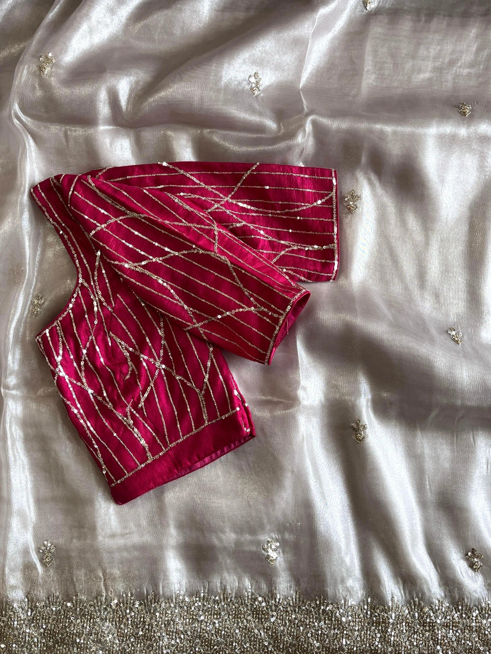 Pure Tissue Saree with All-Over Sequin Butties, Coded Sequin Border & Designer Tassel Pallu – Stitched Blouse Included