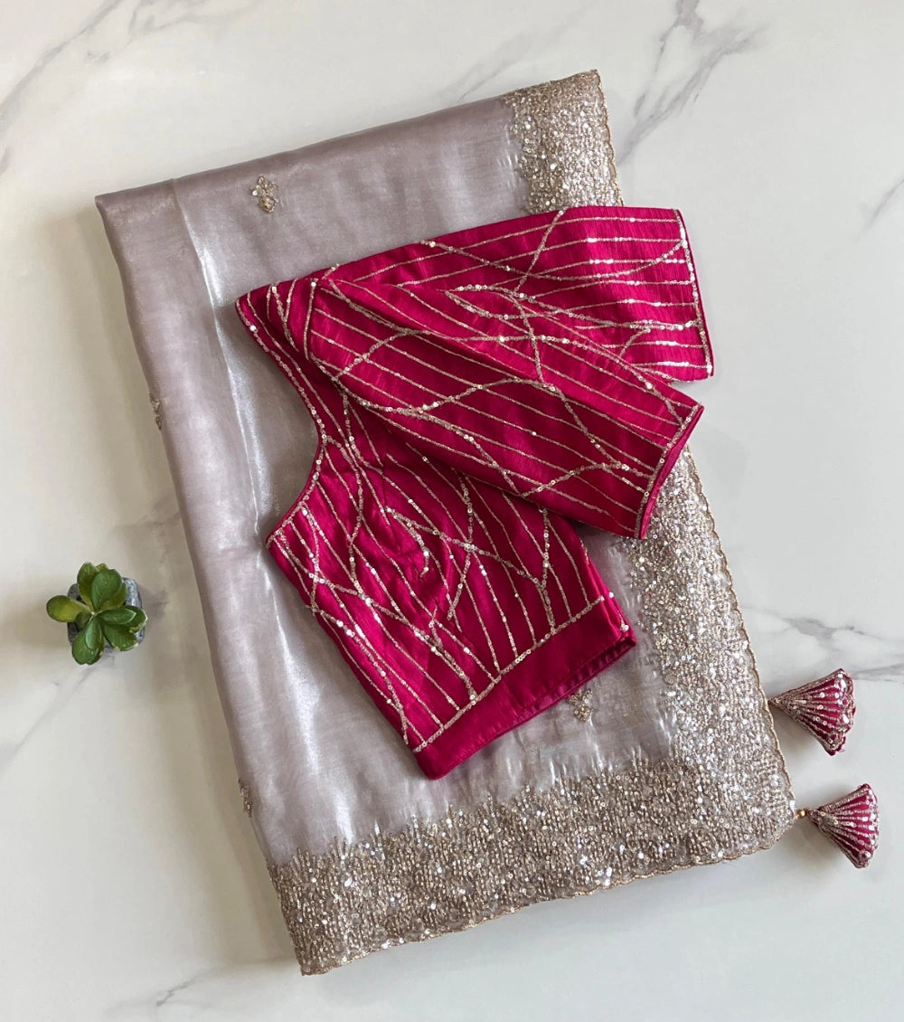 Pure Tissue Saree with All-Over Sequin Butties, Coded Sequin Border & Designer Tassel Pallu – Stitched Blouse Included