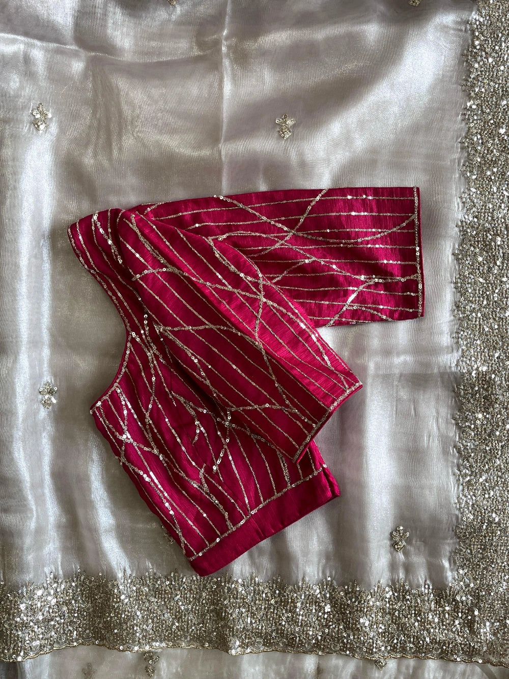 Pure Tissue Saree with All-Over Sequin Butties, Coded Sequin Border & Designer Tassel Pallu – Stitched Blouse Included