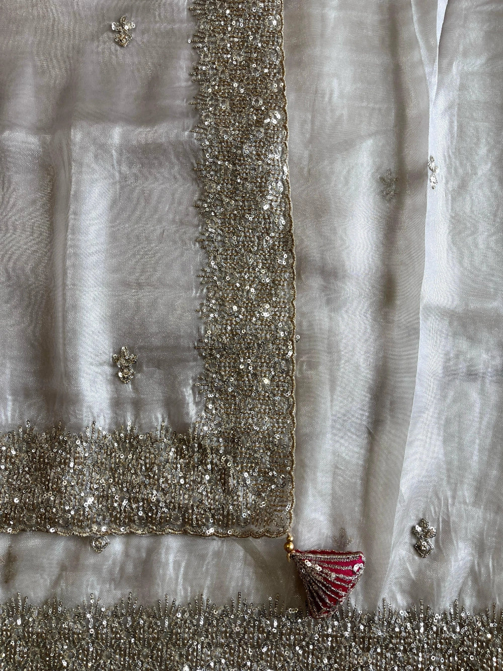 Pure Tissue Saree with All-Over Sequin Butties, Coded Sequin Border & Designer Tassel Pallu – Stitched Blouse Included