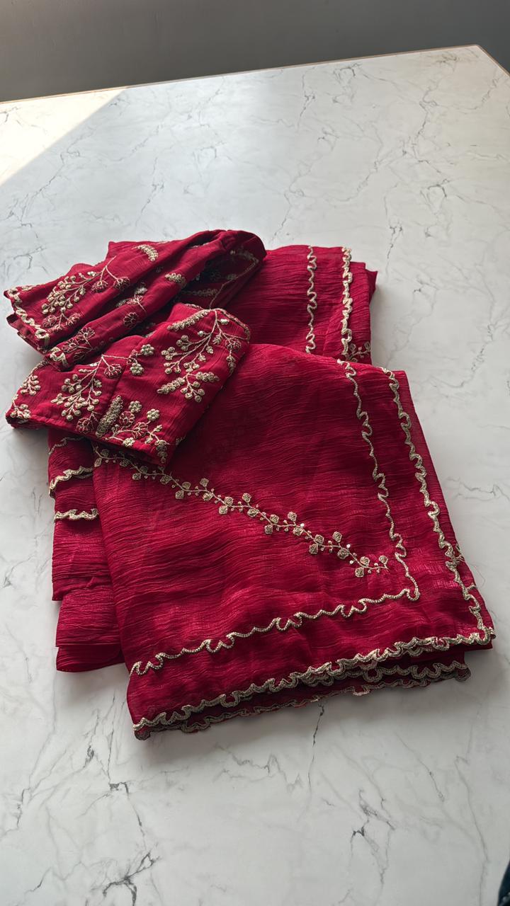 Premium Pure Crunchy Chimmer Crush Saree with Heavy Multithread Sequin Coding & Designer Scalloped Border – Matching Blouse Included