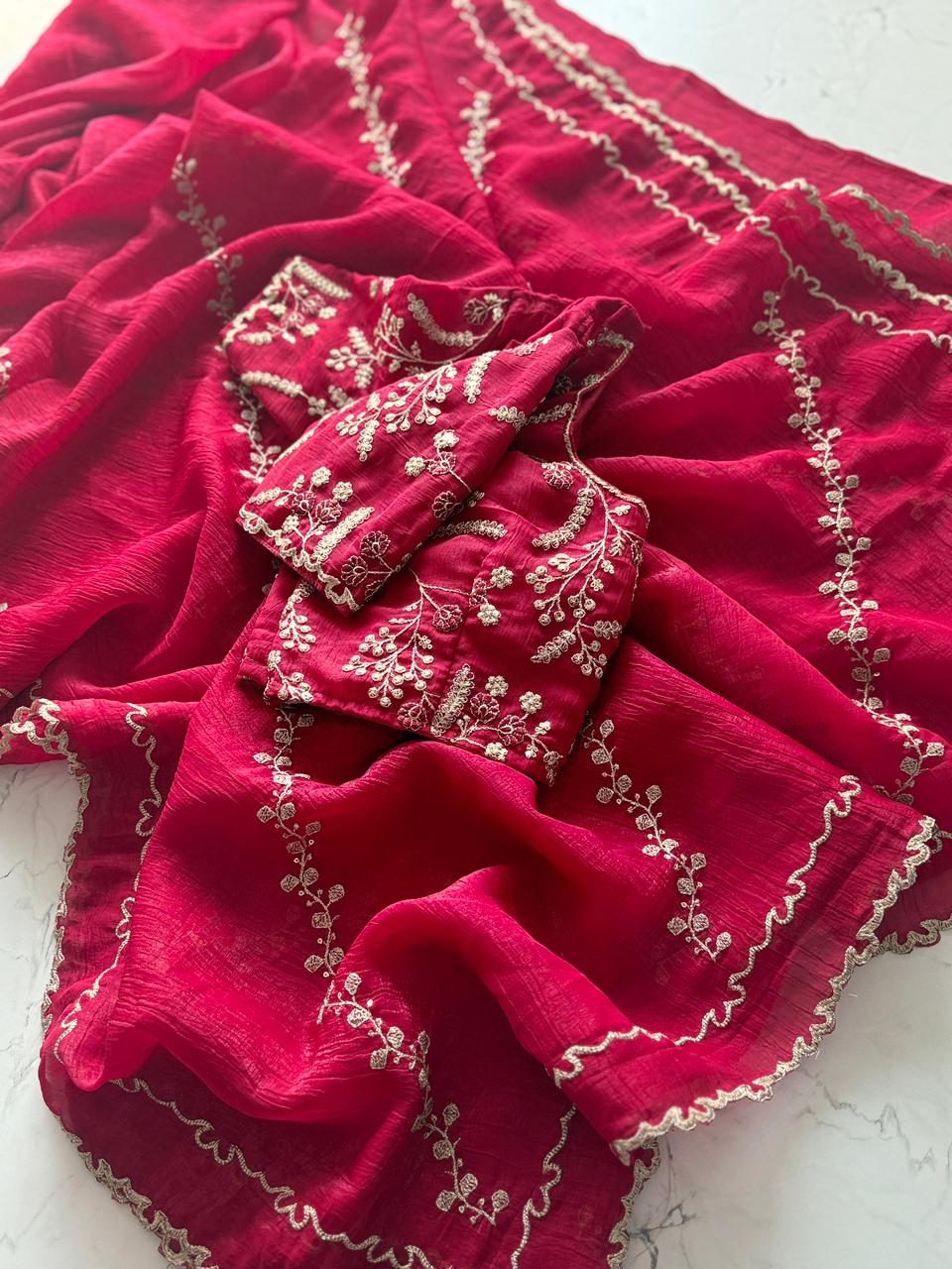 Premium Pure Crunchy Chimmer Crush Saree with Heavy Multithread Sequin Coding & Designer Scalloped Border – Matching Blouse Included