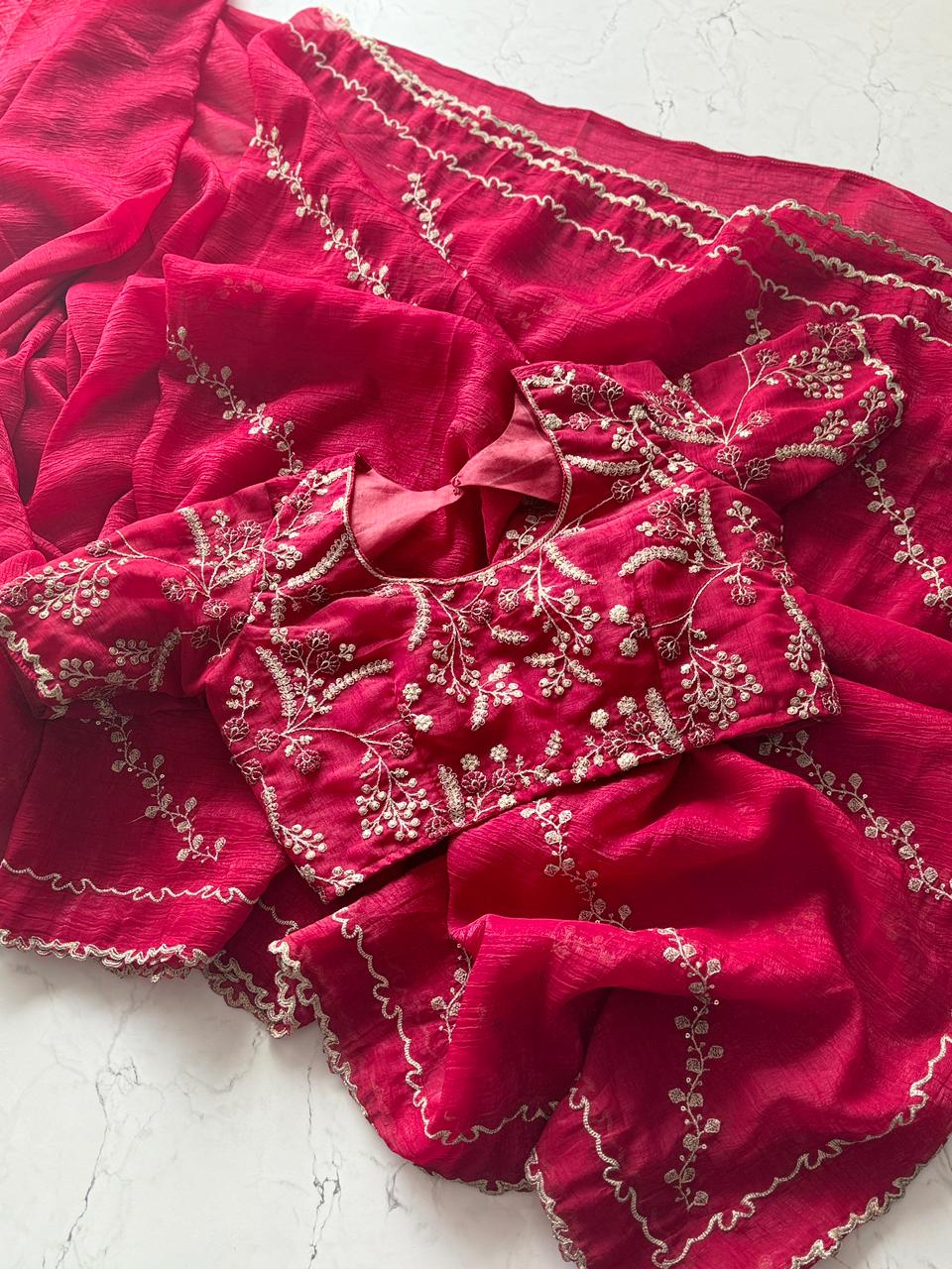 Premium Pure Crunchy Chimmer Crush Saree with Heavy Multithread Sequin Coding & Designer Scalloped Border – Matching Blouse Included