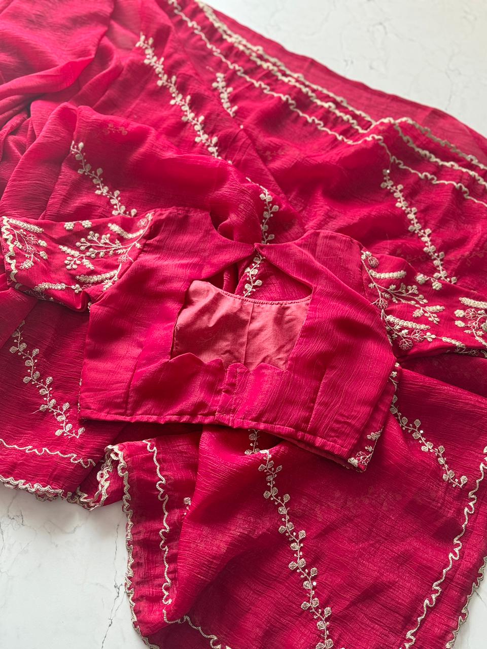 Premium Pure Crunchy Chimmer Crush Saree with Heavy Multithread Sequin Coding & Designer Scalloped Border – Matching Blouse Included