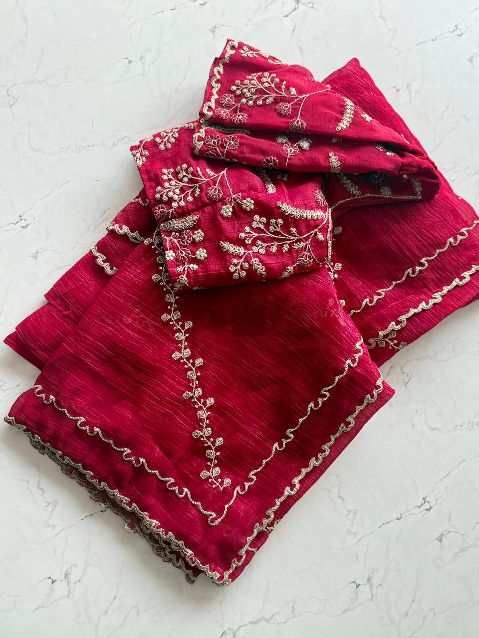 Premium Pure Crunchy Chimmer Crush Saree with Heavy Multithread Sequin Coding & Designer Scalloped Border – Matching Blouse Included