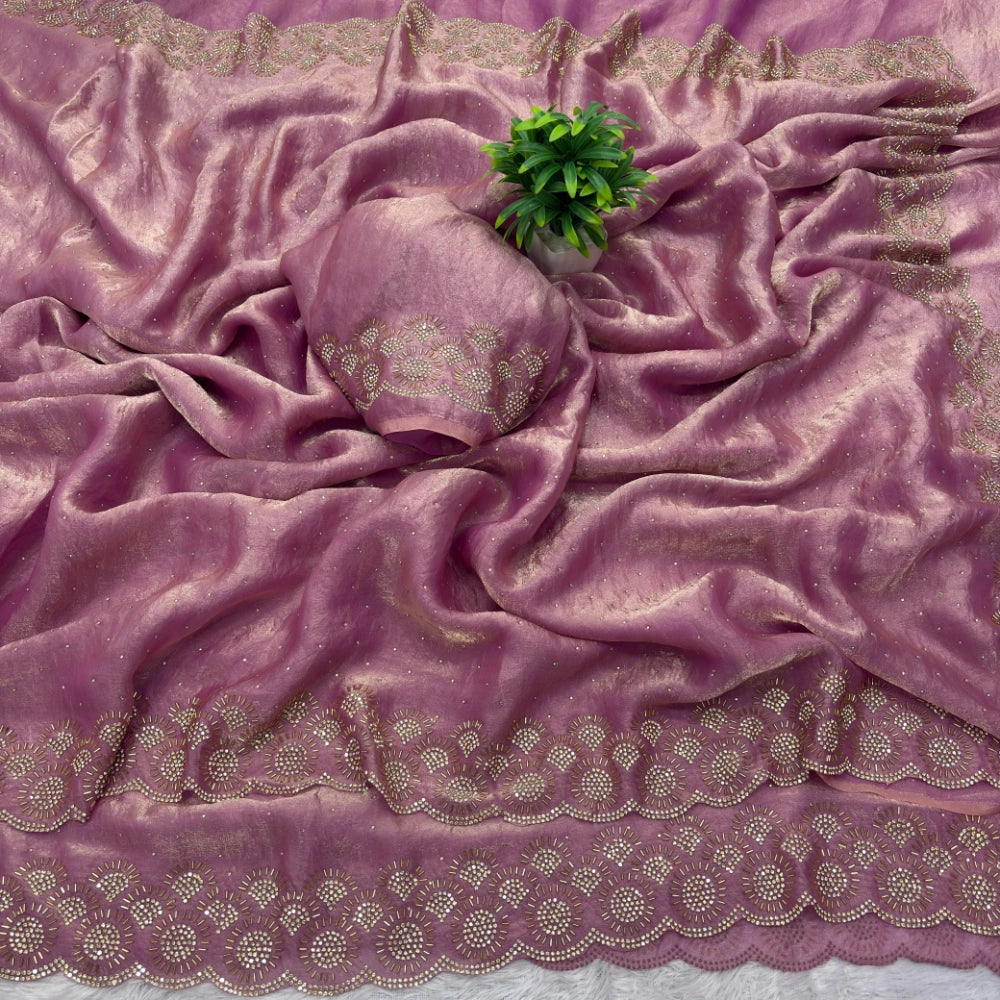 Premium Space Silk Saree with Original Jarkhan Diamond Work