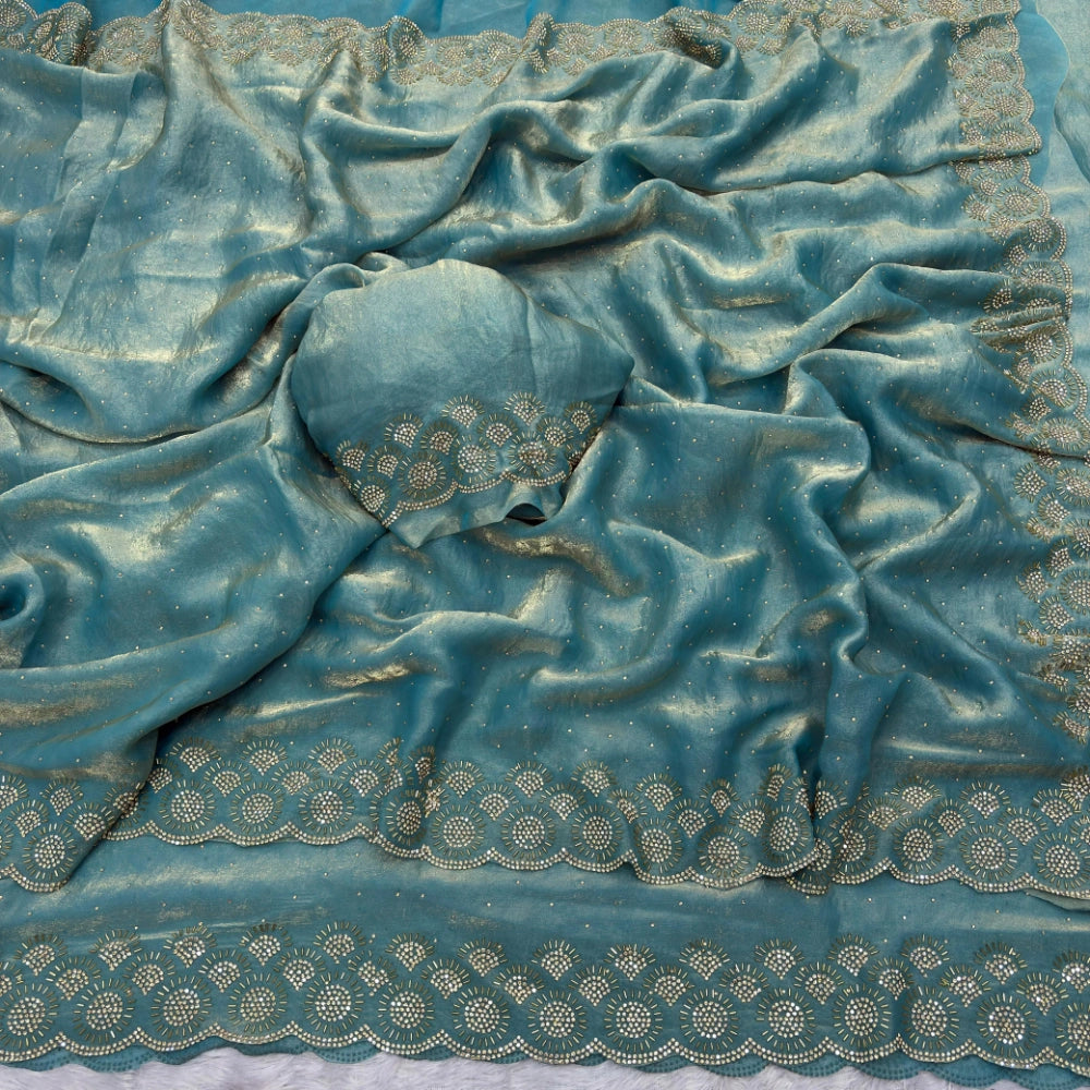 Premium Space Silk Saree with Original Jarkhan Diamond Work