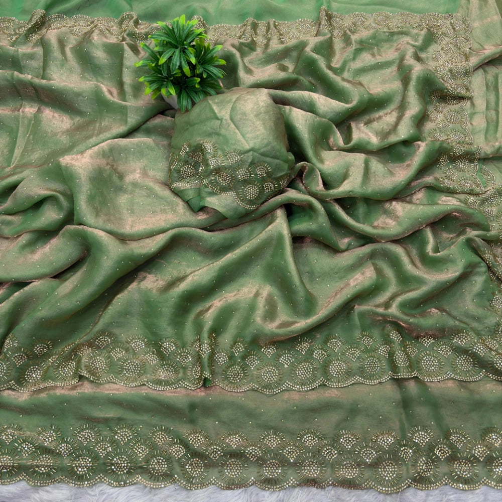 Premium Space Silk Saree with Original Jarkhan Diamond Work