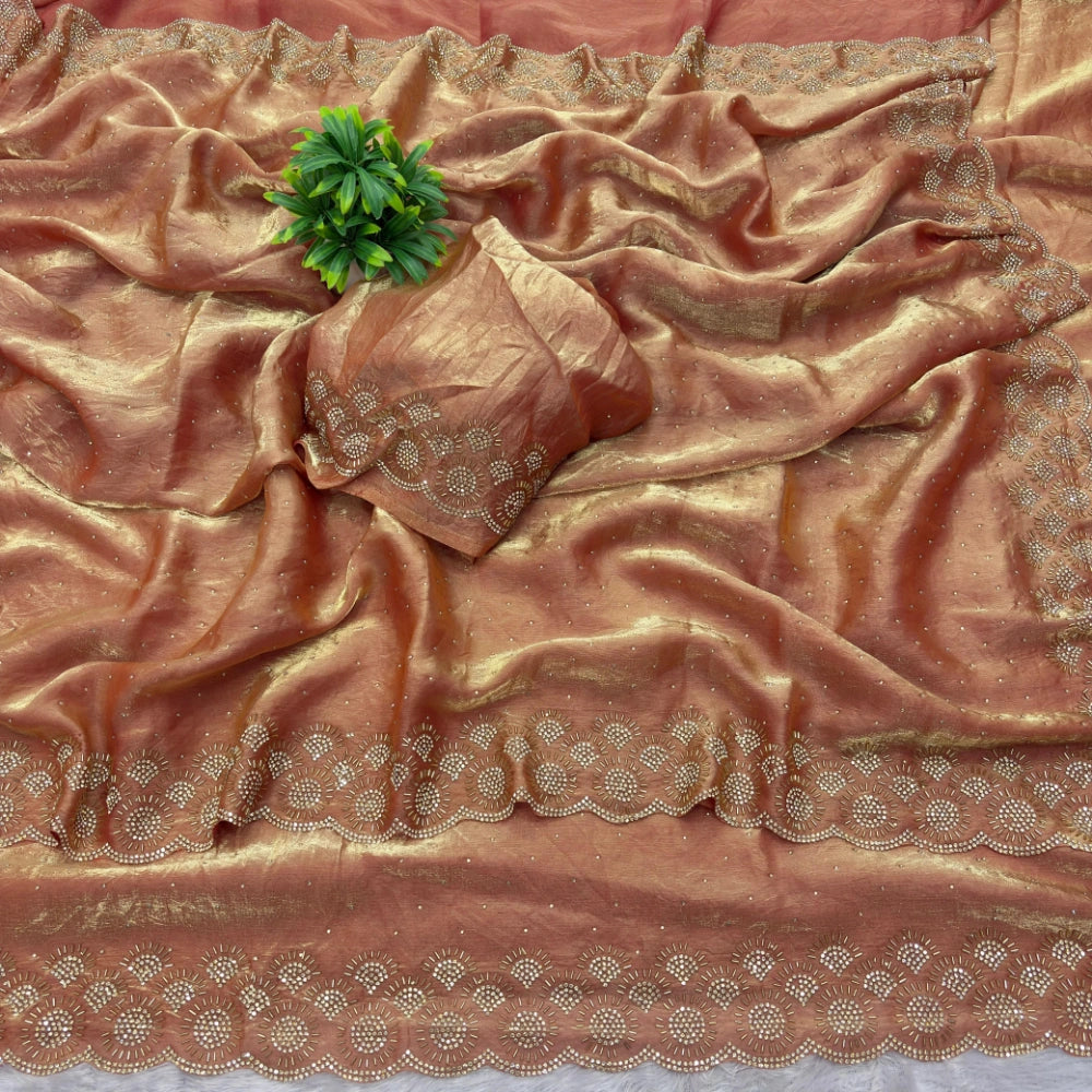 Premium Space Silk Saree with Original Jarkhan Diamond Work
