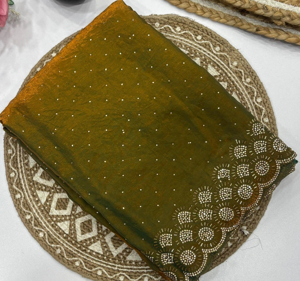 Premium Space Silk Saree with Original Jarkhan Diamond Work