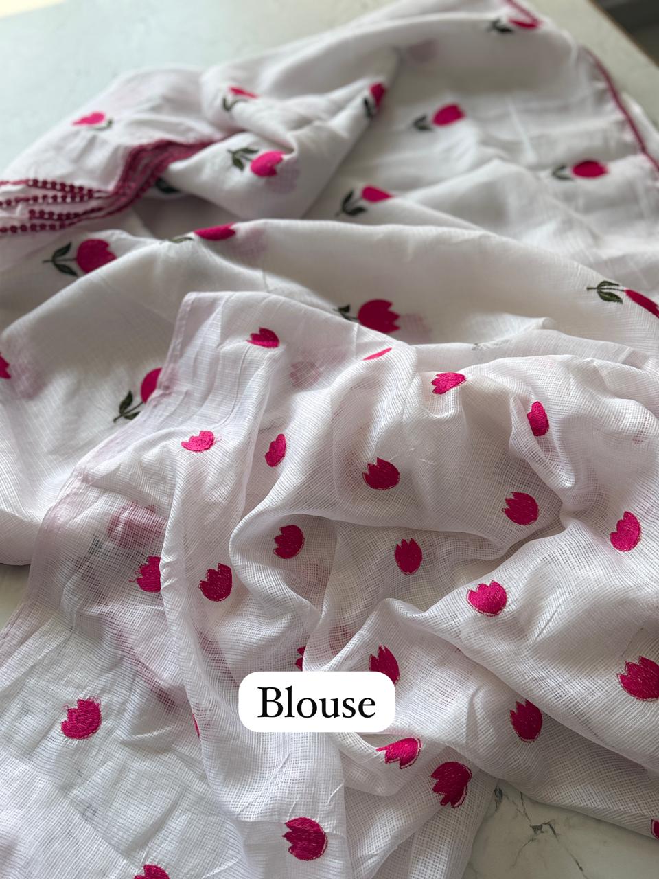 Premium Pure Kota Doriya Saree with Multithread Figure Embroidery & GPO Lace Border – Butti Work Blouse Included