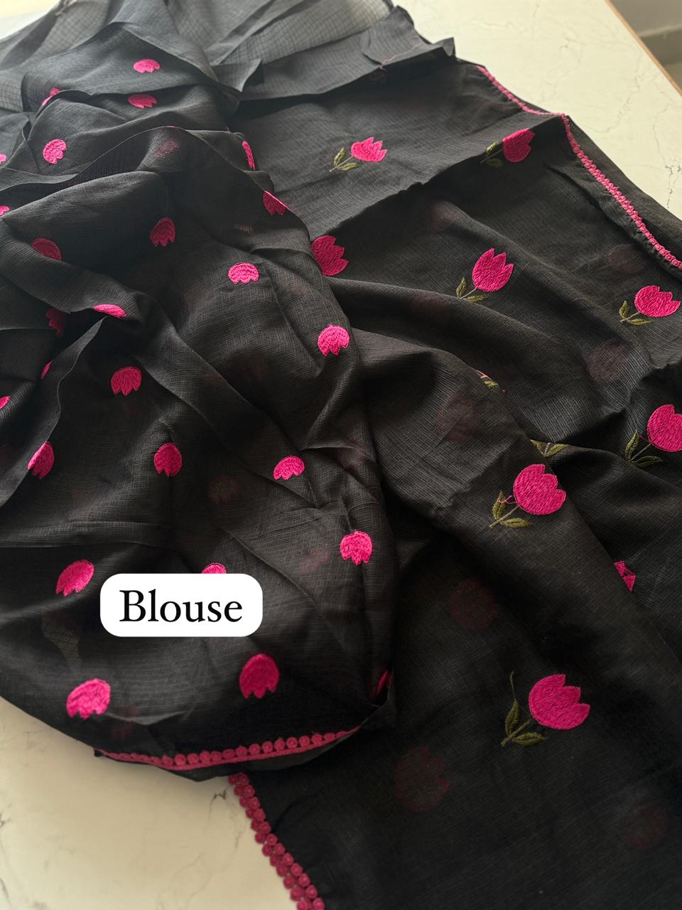 Premium Pure Kota Doriya Saree with Multithread Figure Embroidery & GPO Lace Border – Butti Work Blouse Included