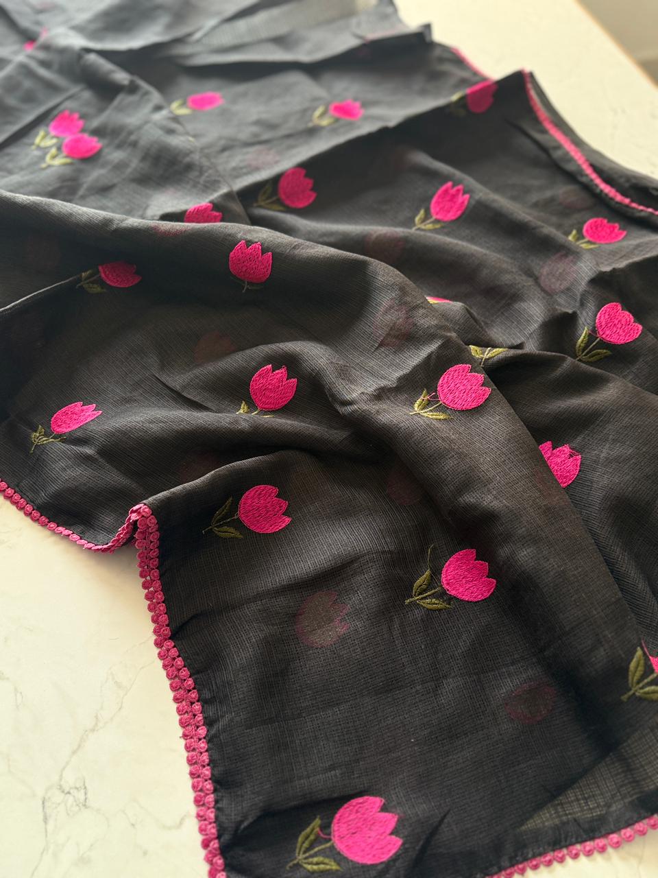 Premium Pure Kota Doriya Saree with Multithread Figure Embroidery & GPO Lace Border – Butti Work Blouse Included