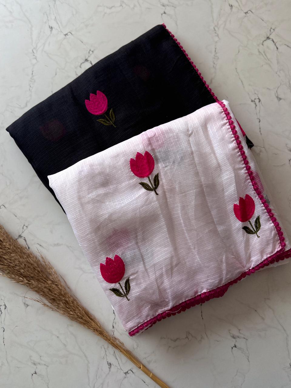 Premium Pure Kota Doriya Saree with Multithread Figure Embroidery & GPO Lace Border – Butti Work Blouse Included