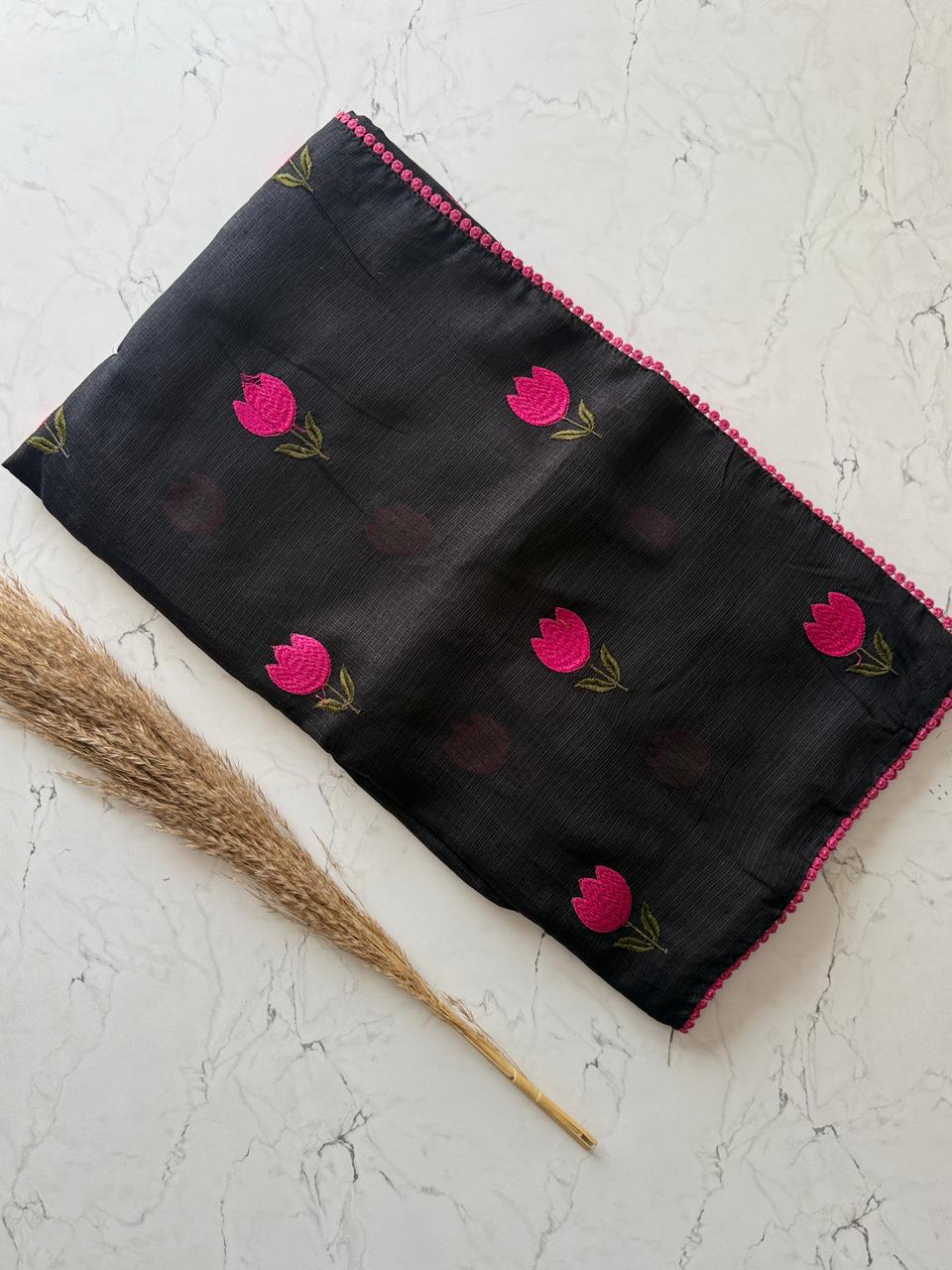 Premium Pure Kota Doriya Saree with Multithread Figure Embroidery & GPO Lace Border – Butti Work Blouse Included