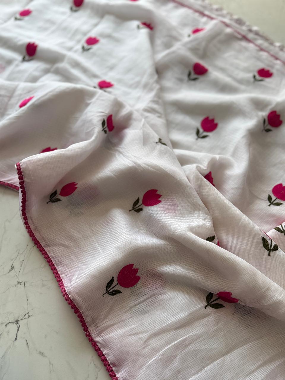 Premium Pure Kota Doriya Saree with Multithread Figure Embroidery & GPO Lace Border – Butti Work Blouse Included