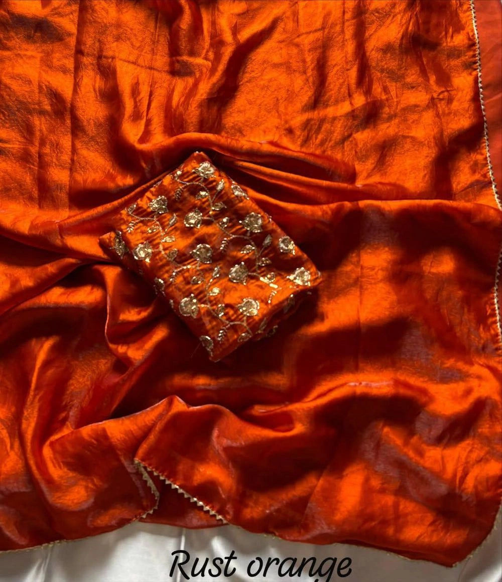 Soft Space Silk Fendy Satin Saree with Lace Border – Fancy Sequin Embroidered Blouse Included