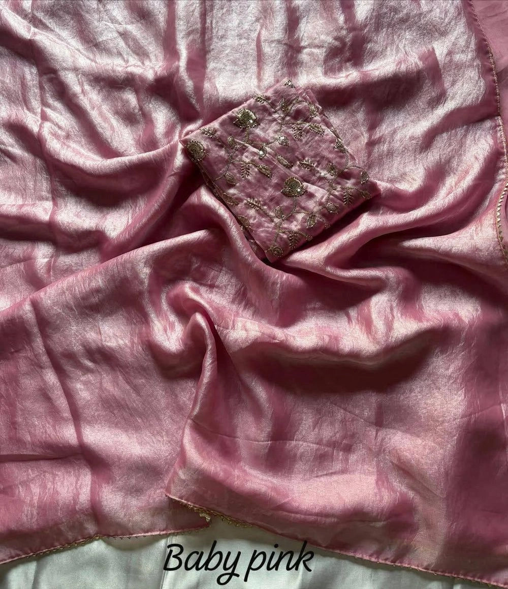 Soft Space Silk Fendy Satin Saree with Lace Border – Fancy Sequin Embroidered Blouse Included