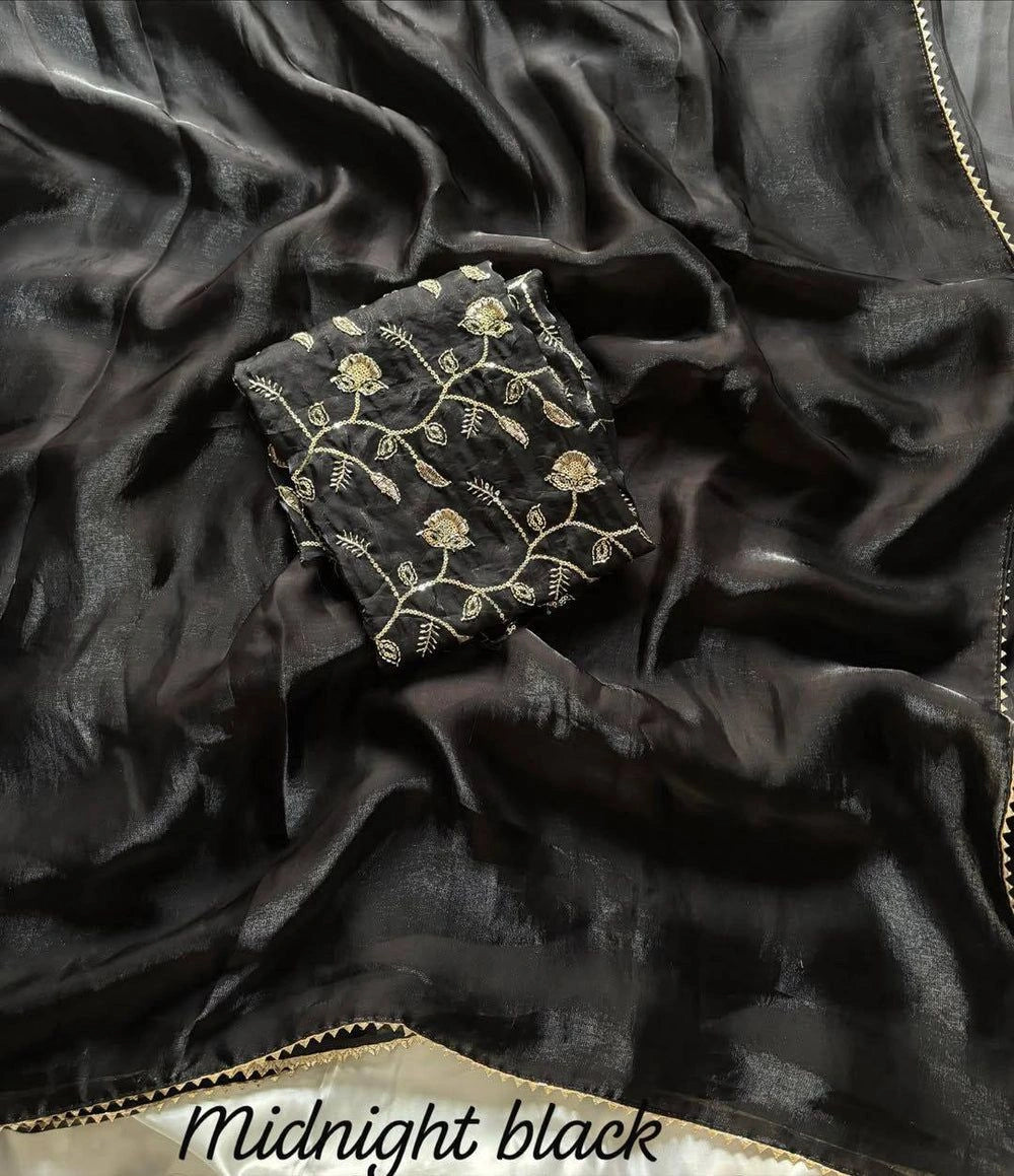 Soft Space Silk Fendy Satin Saree with Lace Border – Fancy Sequin Embroidered Blouse Included