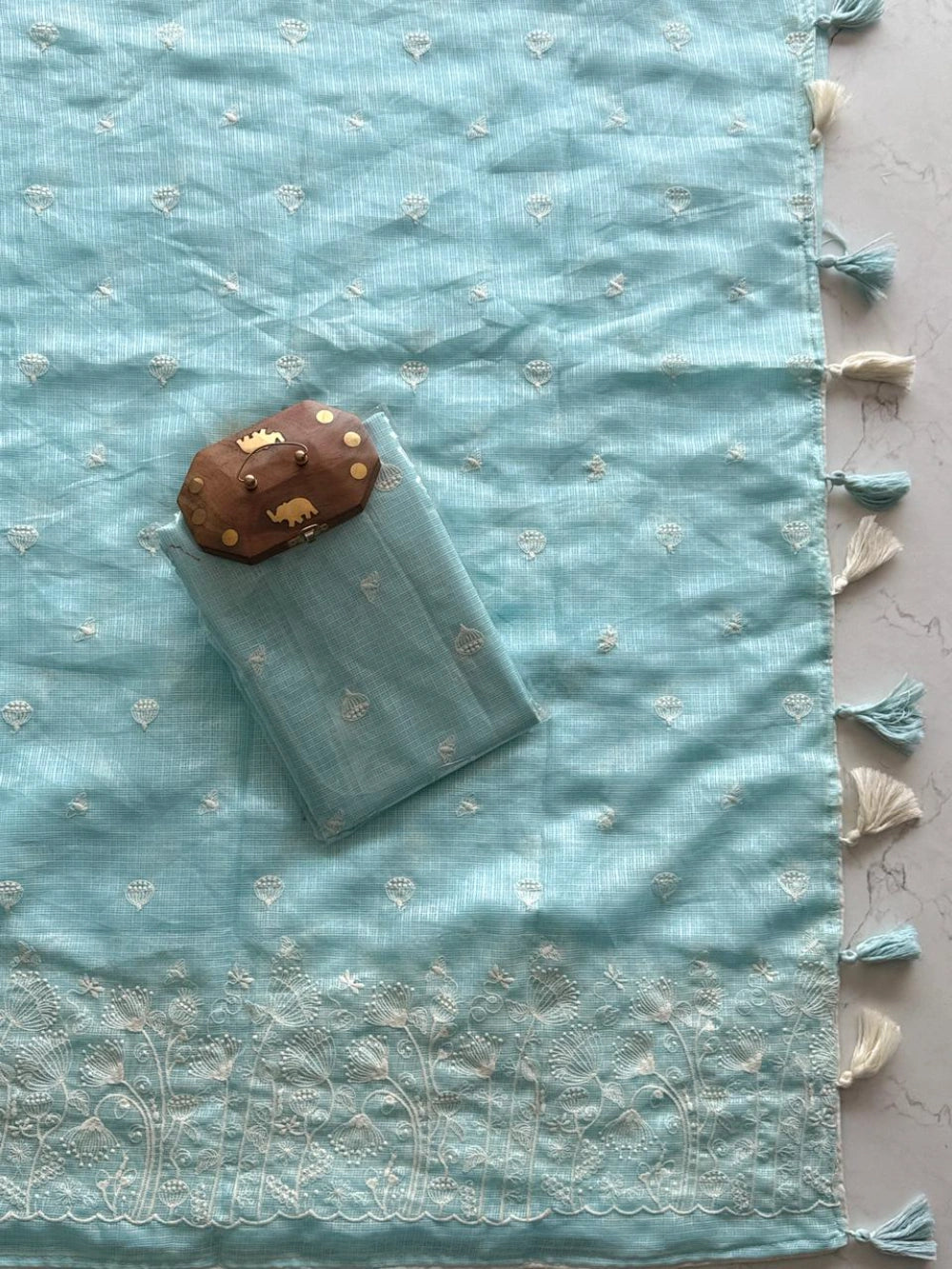 Premium Soft Kota Doriya Saree with Multithread Figure Embroidery, Heavy Tassels & Four-Side Piping – Butti Work Blouse Included