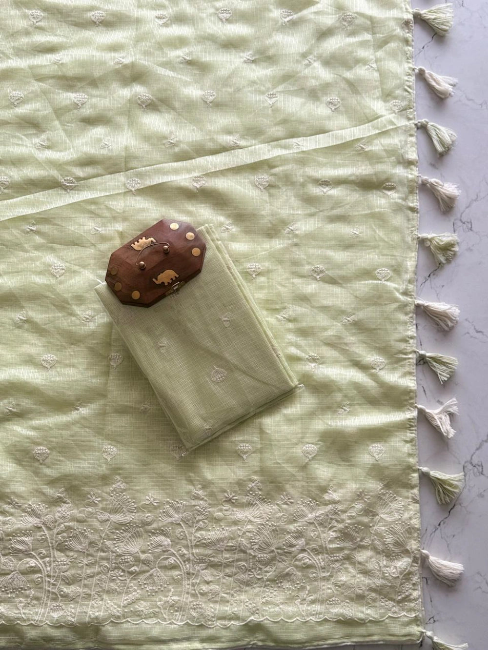 Premium Soft Kota Doriya Saree with Multithread Figure Embroidery, Heavy Tassels & Four-Side Piping – Butti Work Blouse Included