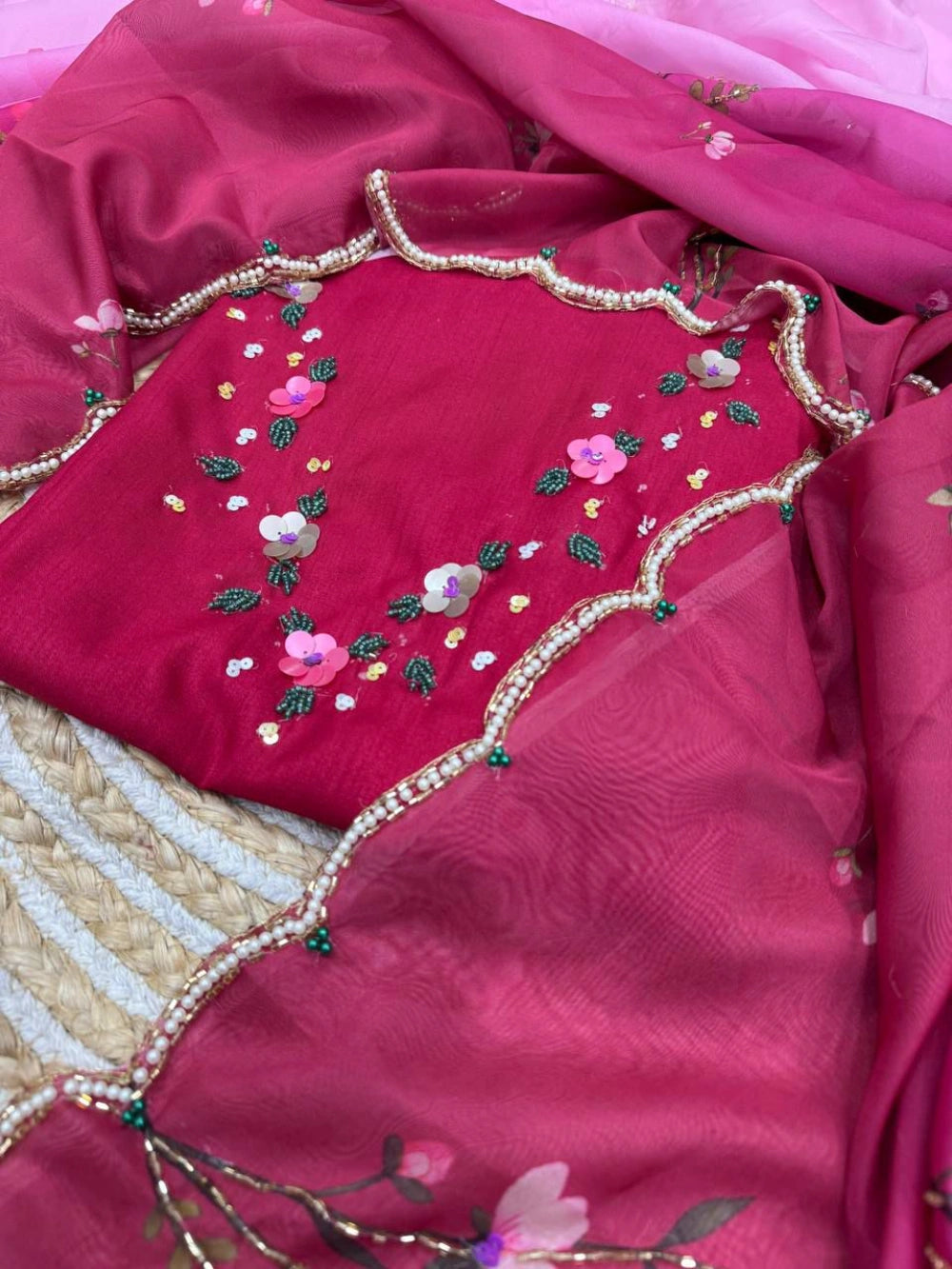 Soft Tebby Silk Saree with Floral Print, Beads, Sequins & Katdana Handwork – Jalpari Silk Blouse Included