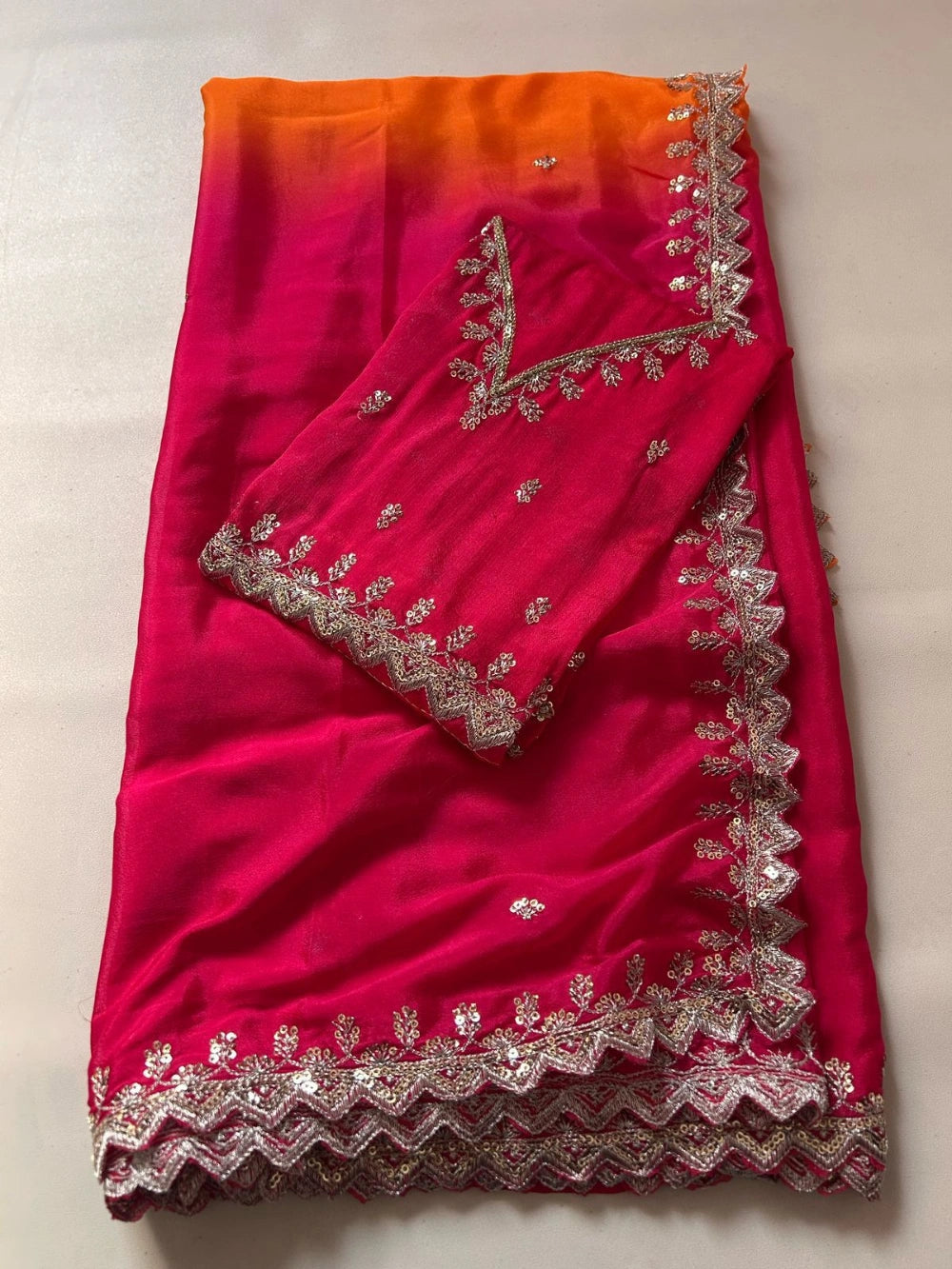 Pure Soft Chinon Silk Double-Shaded Saree with Silver Sequin Thread Embroidery – Matching Embroidered Blouse Included
