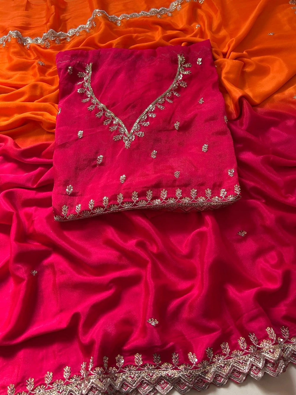 Pure Soft Chinon Silk Double-Shaded Saree with Silver Sequin Thread Embroidery – Matching Embroidered Blouse Included