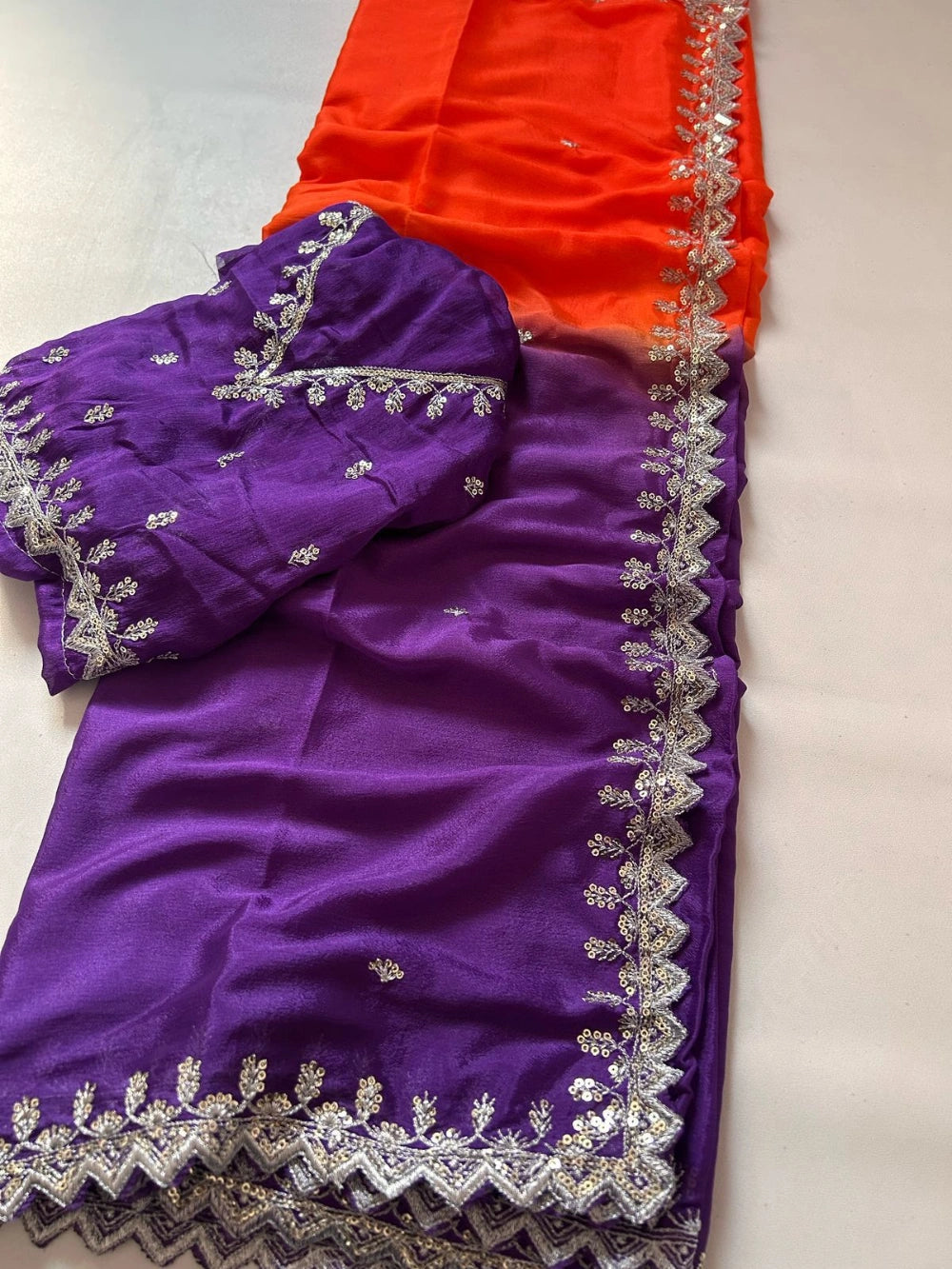 Pure Soft Chinon Silk Double-Shaded Saree with Silver Sequin Thread Embroidery – Matching Embroidered Blouse Included