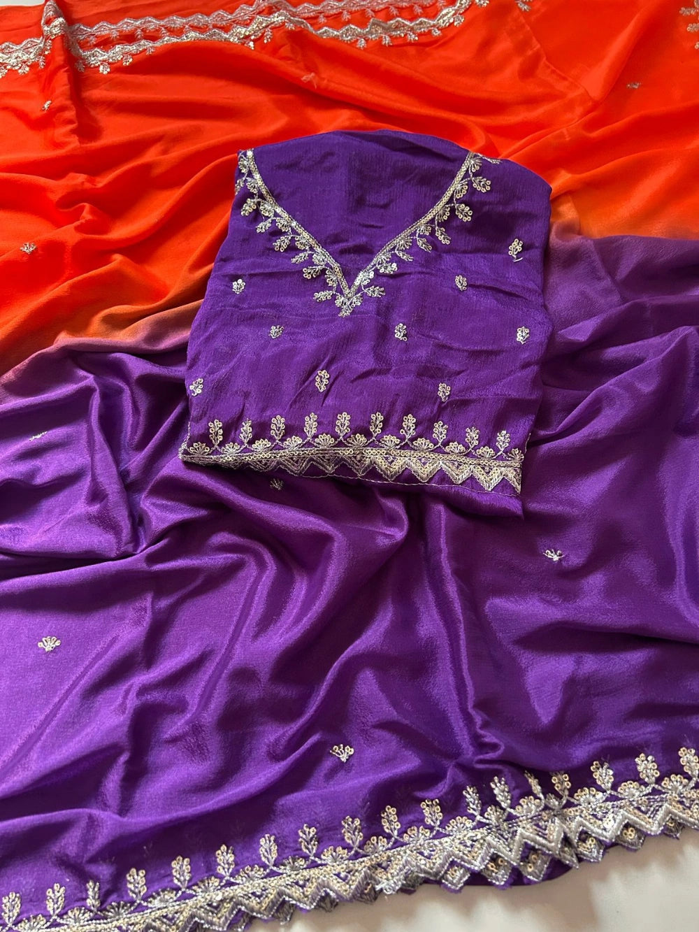 Pure Soft Chinon Silk Double-Shaded Saree with Silver Sequin Thread Embroidery – Matching Embroidered Blouse Included