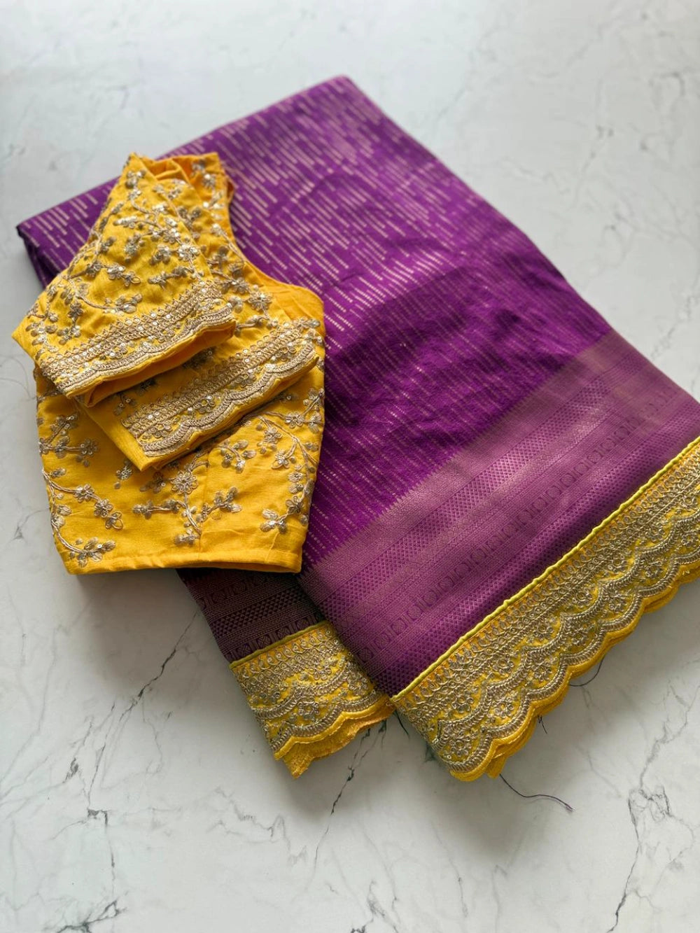Pure Banarasi Pattu Saree with All-Over Weaving, Scalloped Embroidered Border & Designer Sequin Blouse