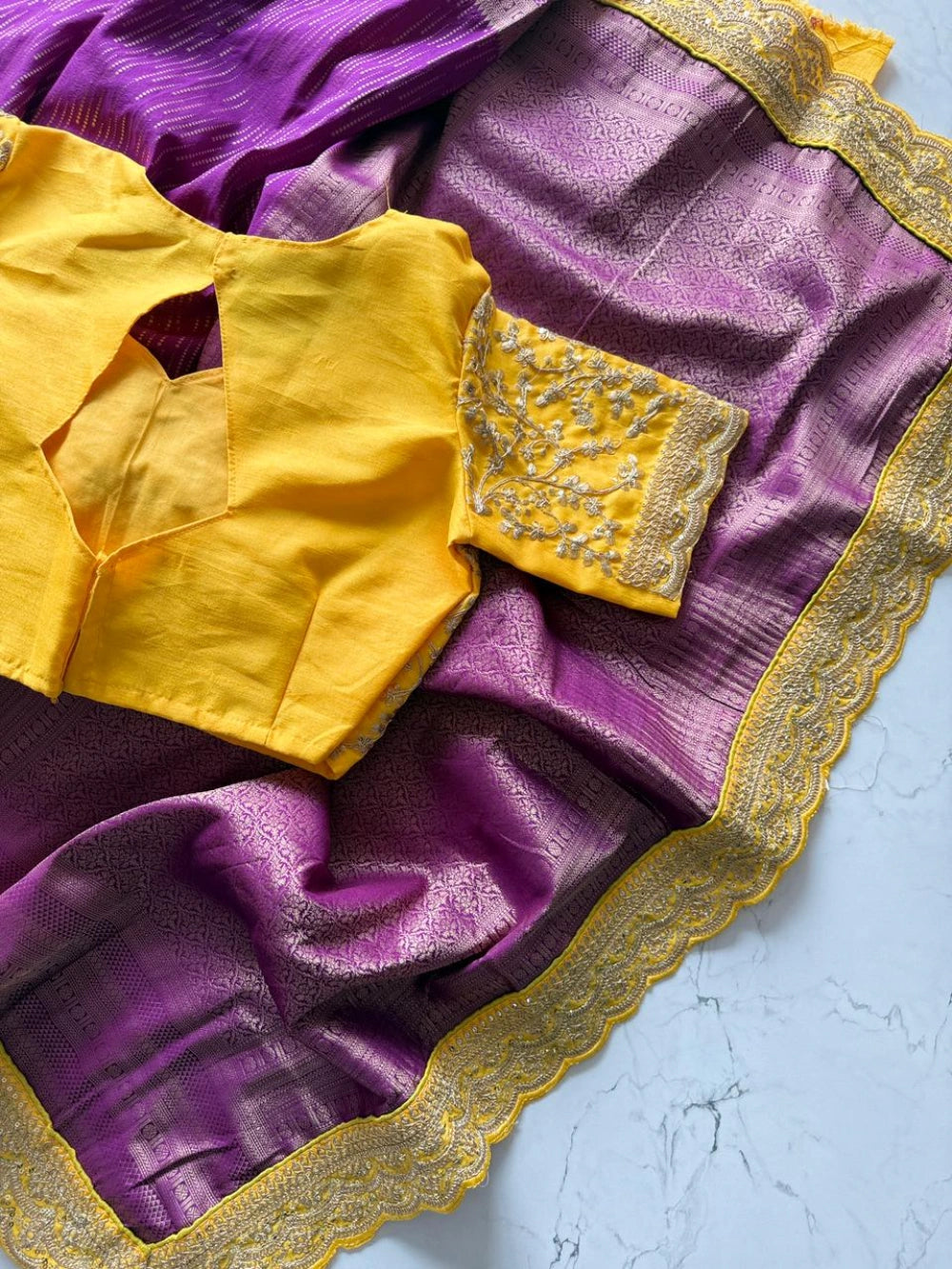 Pure Banarasi Pattu Saree with All-Over Weaving, Scalloped Embroidered Border & Designer Sequin Blouse