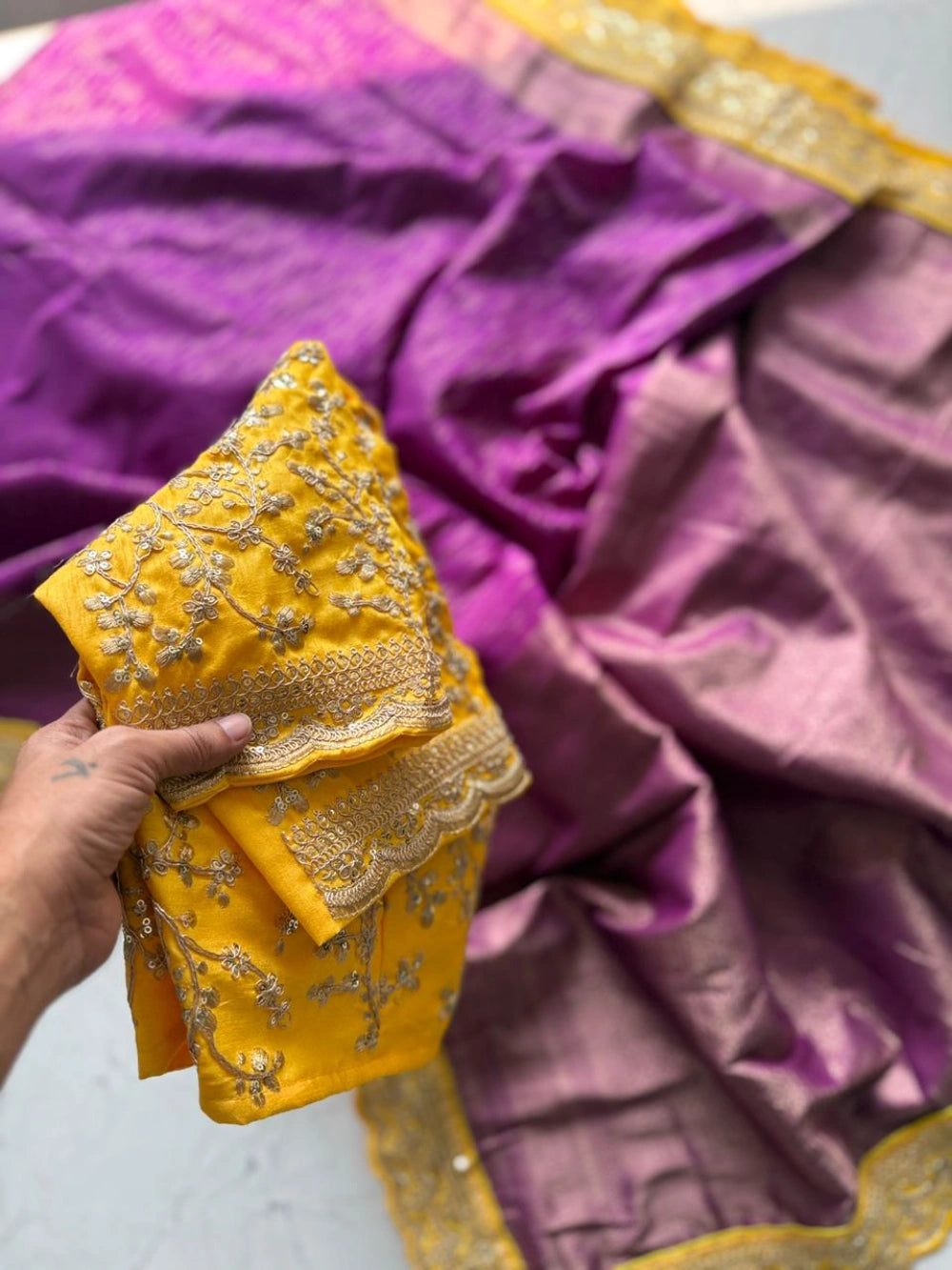 Pure Banarasi Pattu Saree with All-Over Weaving, Scalloped Embroidered Border & Designer Sequin Blouse