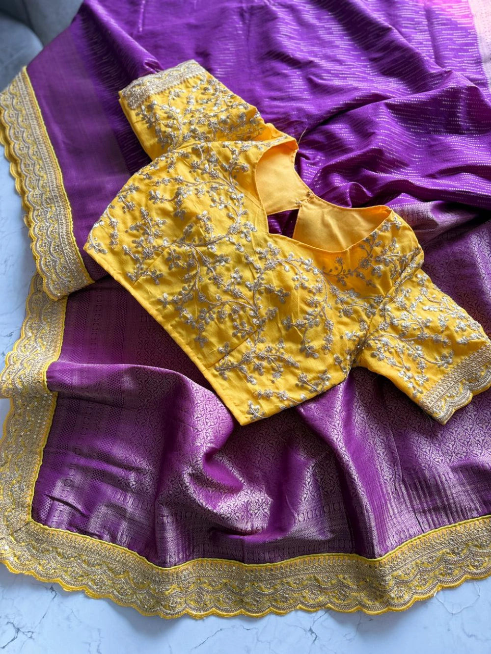 Pure Banarasi Pattu Saree with All-Over Weaving, Scalloped Embroidered Border & Designer Sequin Blouse