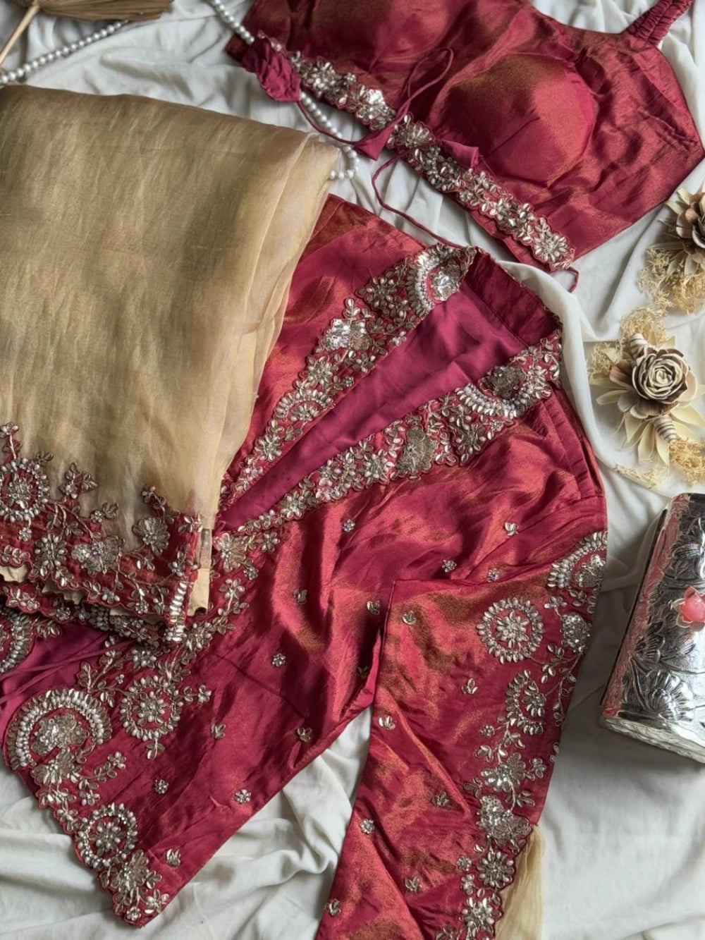 Pre-Stitched Ready-to-Wear Organza Satin Saree with Sequin, Pearl & Embroidery Border + Designer Tube & Jacket Blouse Set #Crystal1MinSaree