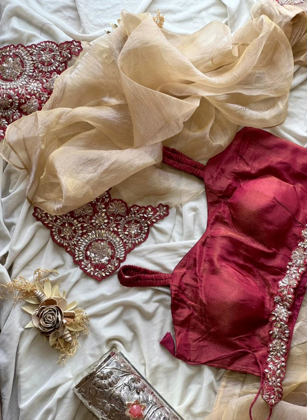 Pre-Stitched Ready-to-Wear Organza Satin Saree with Sequin, Pearl & Embroidery Border + Designer Tube & Jacket Blouse Set #Crystal1MinSaree