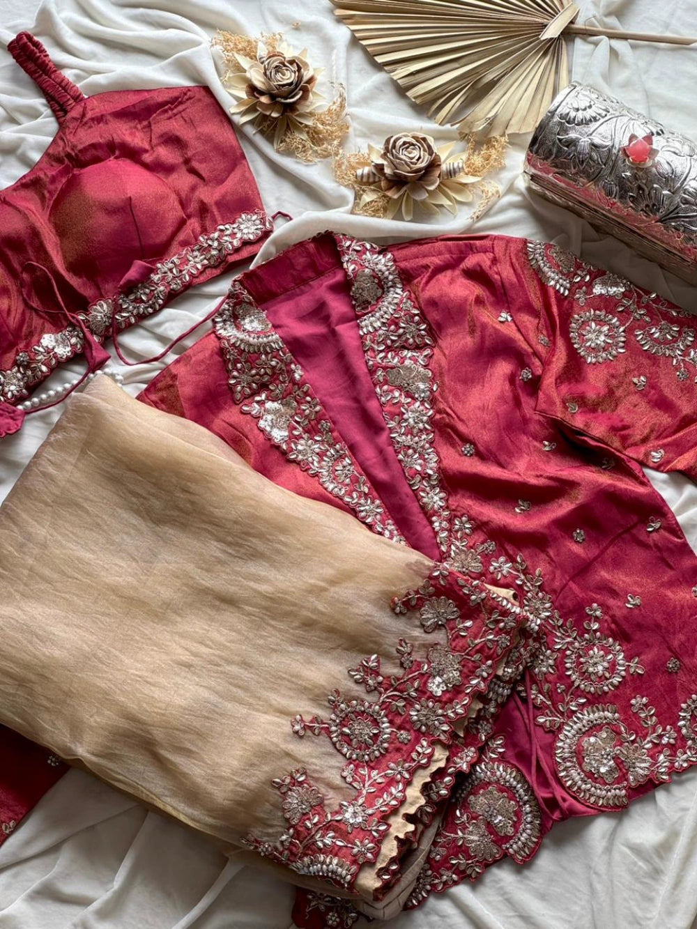 Pre-Stitched Ready-to-Wear Organza Satin Saree with Sequin, Pearl & Embroidery Border + Designer Tube & Jacket Blouse Set #Crystal1MinSaree