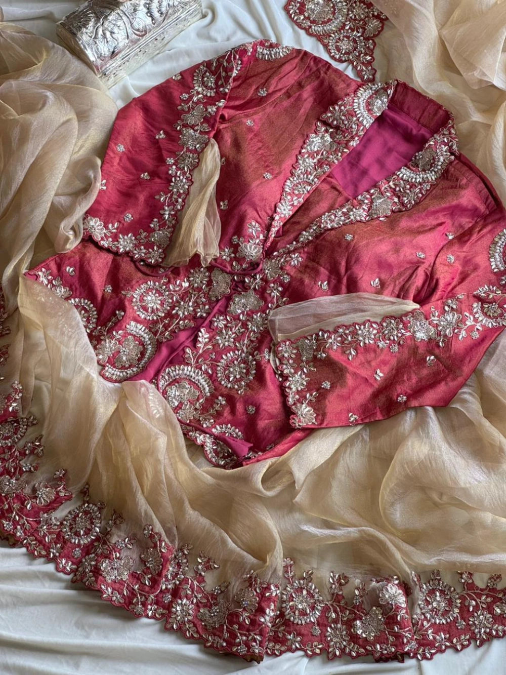 Pre-Stitched Ready-to-Wear Organza Satin Saree with Sequin, Pearl & Embroidery Border + Designer Tube & Jacket Blouse Set #Crystal1MinSaree