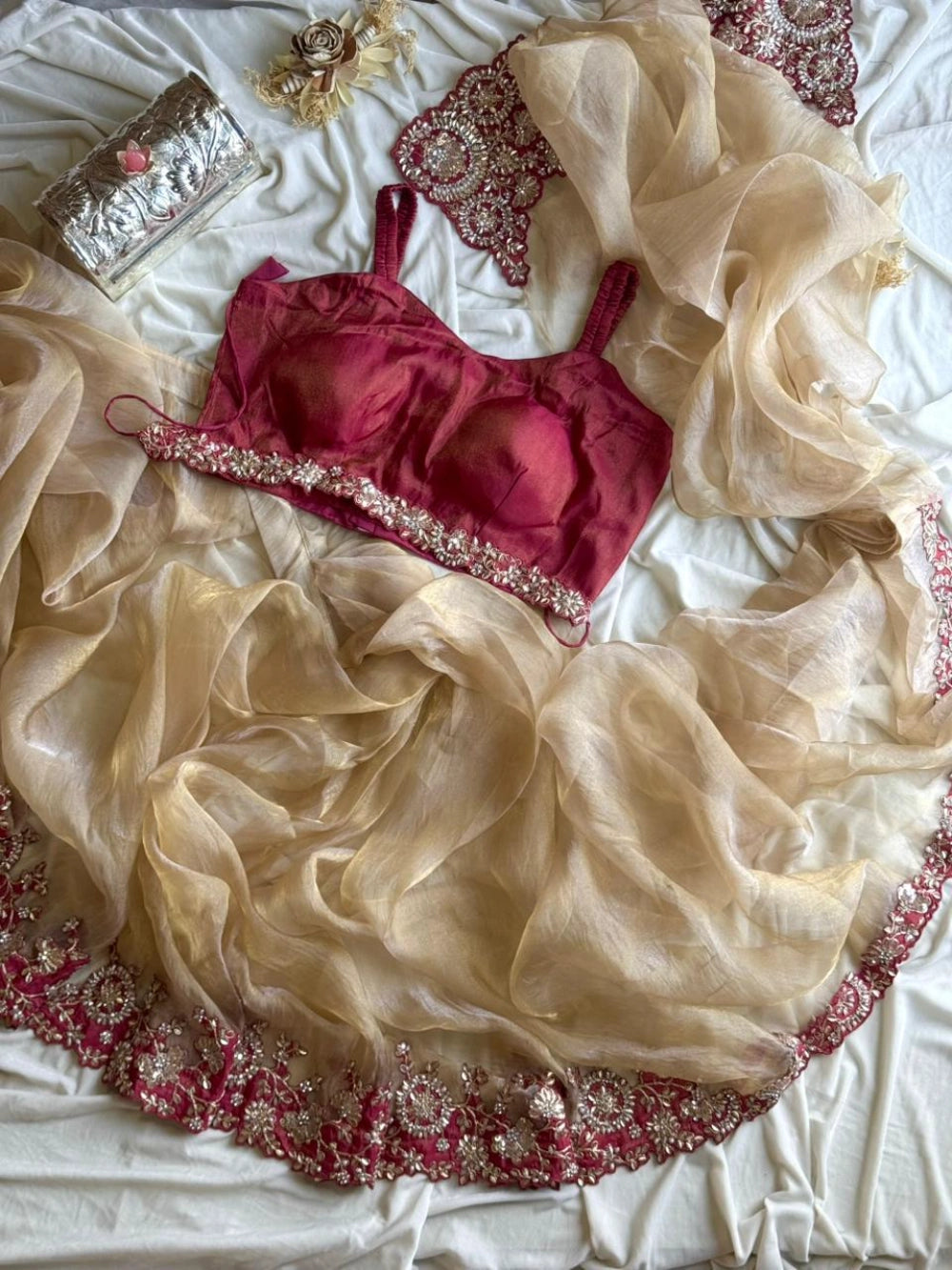 Pre-Stitched Ready-to-Wear Organza Satin Saree with Sequin, Pearl & Embroidery Border + Designer Tube & Jacket Blouse Set #Crystal1MinSaree